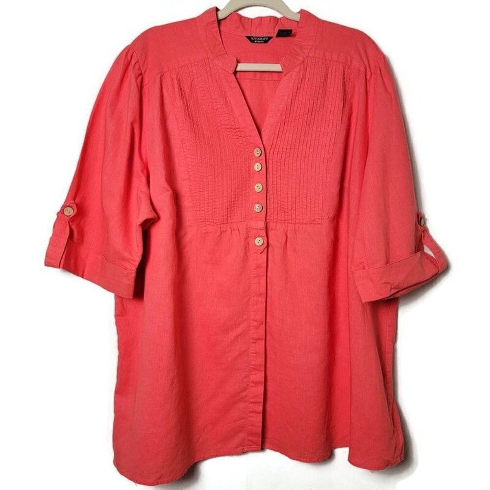 Autograph Woman 100% Linen Coral Lagenlook Boho Short Sleeve Tunic Top Blouse 3X